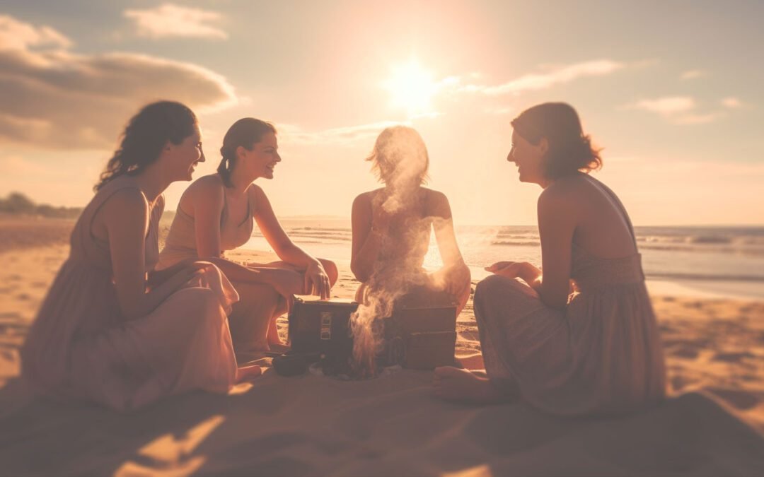 Photographie réaliste de quatre femmes serènes et souriantes en train de discuter chaleureusement assises sur le sable d'une plage ensoleillée