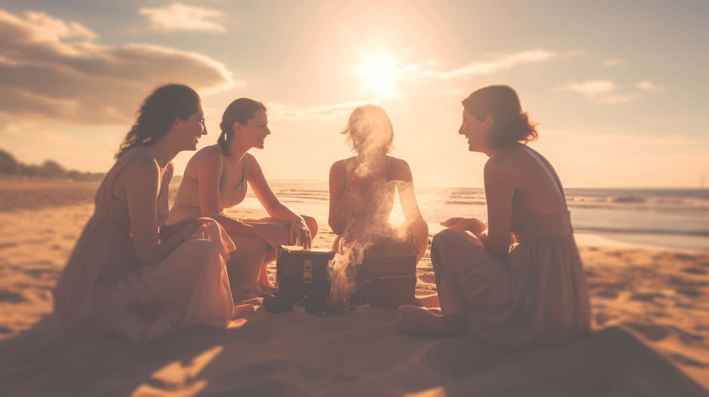 Photographie réaliste de quatre femmes serènes et souriantes en train de discuter chaleureusement assises sur le sable d'une plage ensoleillée