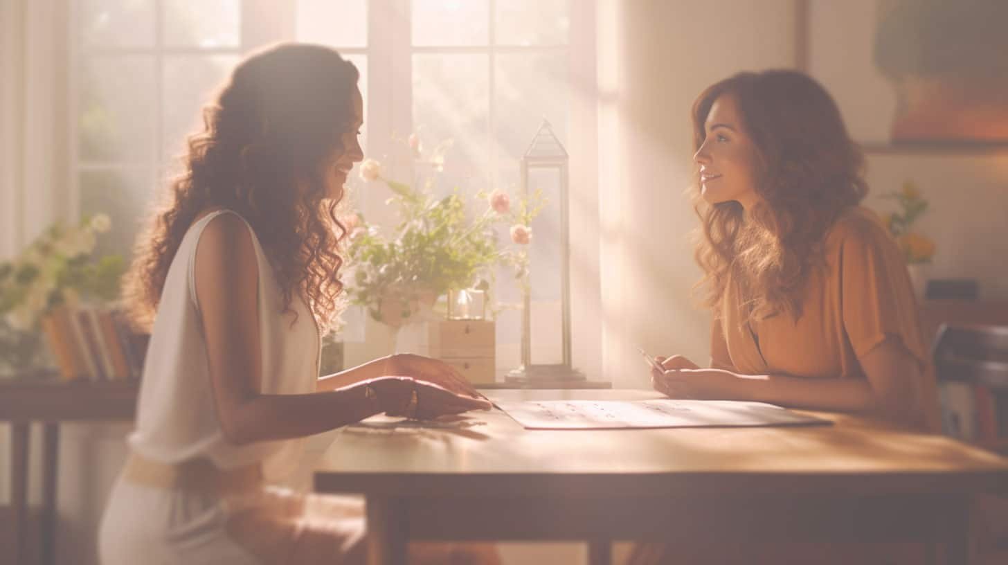 Photographie réaliste d'une séance de numérologie donnée par une femme sereine aux cheveux bruns à une autre femme dans une pièce moderne et lumineuse éclairée par la lumière naturelle. La table comporte de nombreuses illustrations utilisées pour la séance de numérologie