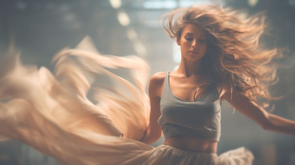 Photographie réaliste d'une belle femme serène aux cheveux marrons en train de danser dans un atelier moderne éclairé. La femme est exprime sa créativité et sa joie