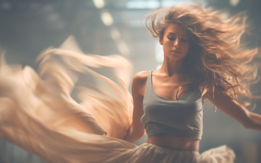 Photographie réaliste d'une belle femme serène aux cheveux marrons en train de danser dans un atelier moderne éclairé. La femme est exprime sa créativité et sa joie