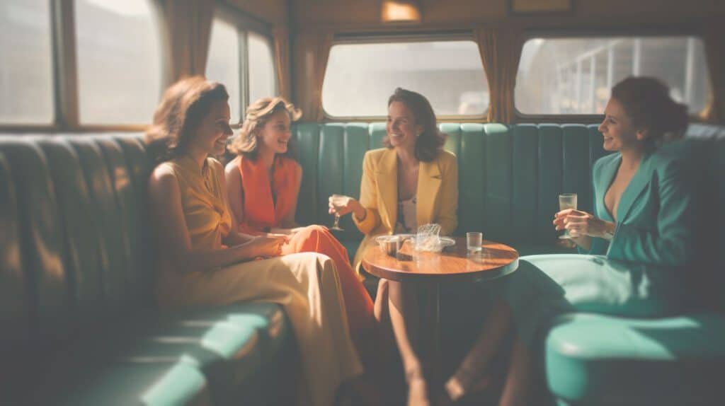 photographie réaliste de quatre femmes serènes et souriantes en train de discuter chaleureusement dans un salon moderne, confortable et bien éclairé