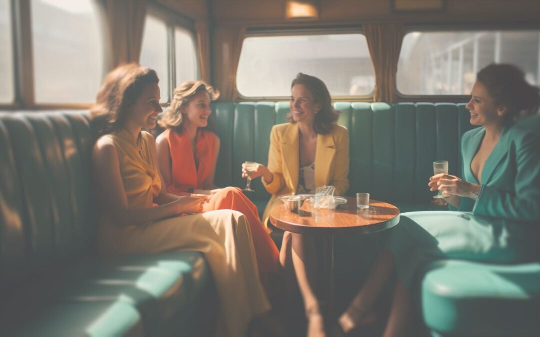 photographie réaliste de quatre femmes serènes et souriantes en train de discuter chaleureusement dans un salon moderne, confortable et bien éclairé