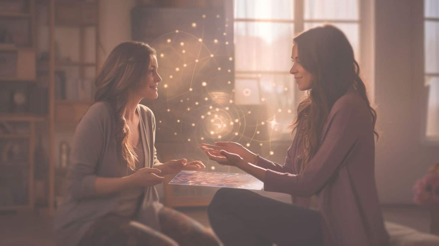 Photographie réaliste d'une séance de numérologie donnée par une femme sereine aux cheveux bruns à une autre femme dans une pièce moderne et lumineuse éclairée par la lumière naturelle. Des points lumineux flottent dans l'air entre les deux femmes représentant symboliquement les connexions qui sont en train d'être faites dans la vie de la femme grâce à la numérologie et à la conseillère de vie qui donne la séance