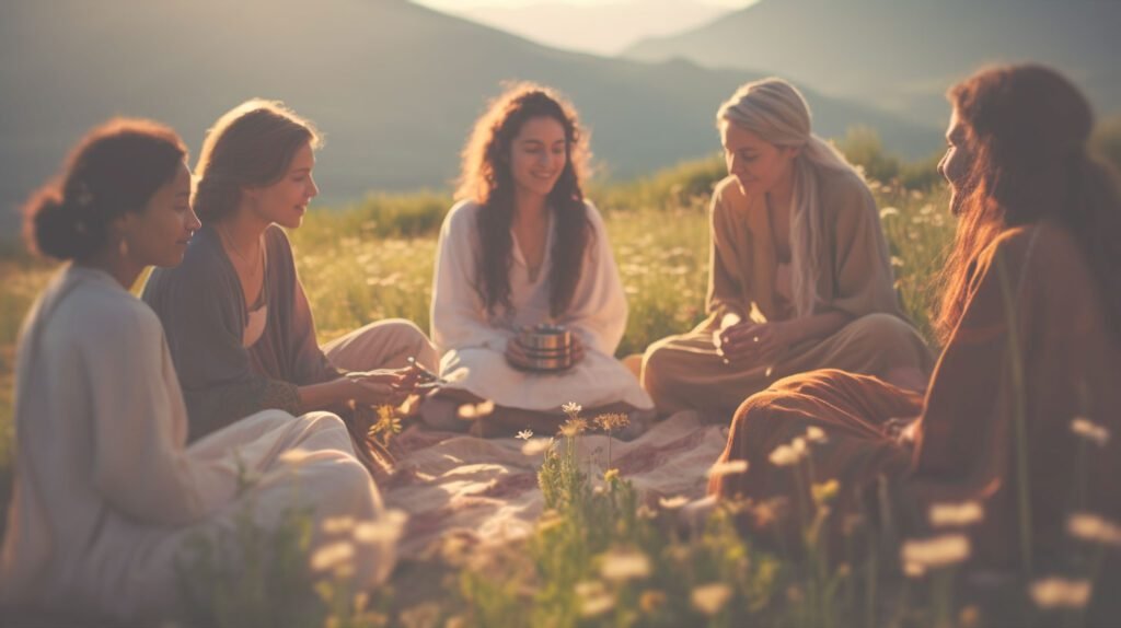 Photographie réaliste de quatre femmes serènes et souriantes, en train de discuter chaleureusement assises sur le sol en pleine nature ensoleillée