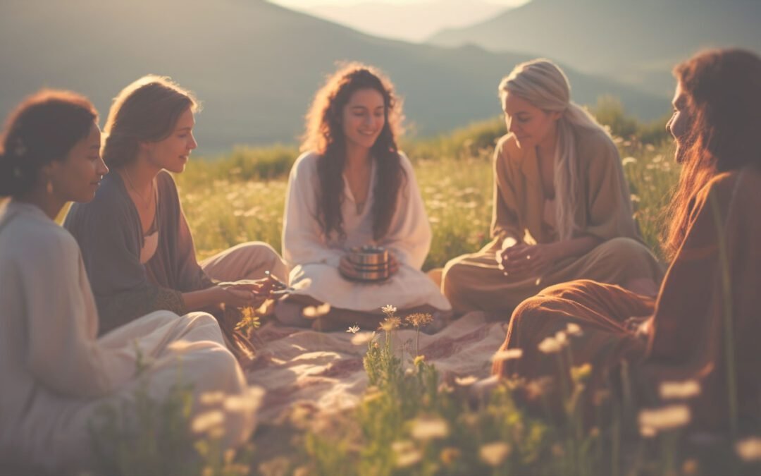 Photographie réaliste de quatre femmes serènes et souriantes, en train de discuter chaleureusement assises sur le sol en pleine nature ensoleillée