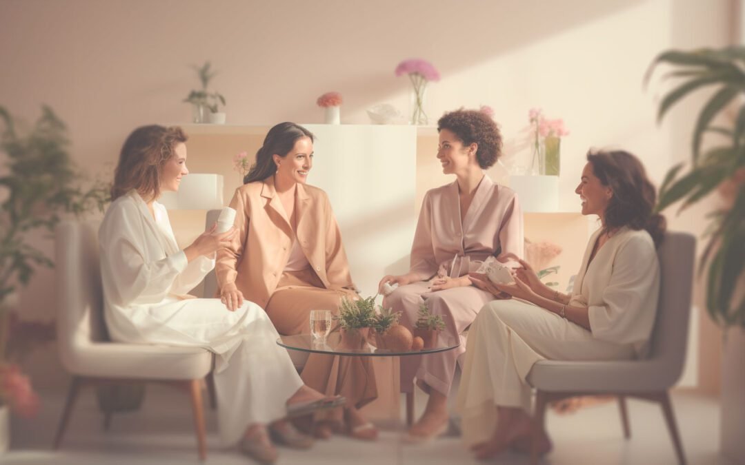 photographie réaliste de quatre femmes serènes et souriantes en train de discuter chaleureusement dans un salon moderne, confortable et bien éclairé