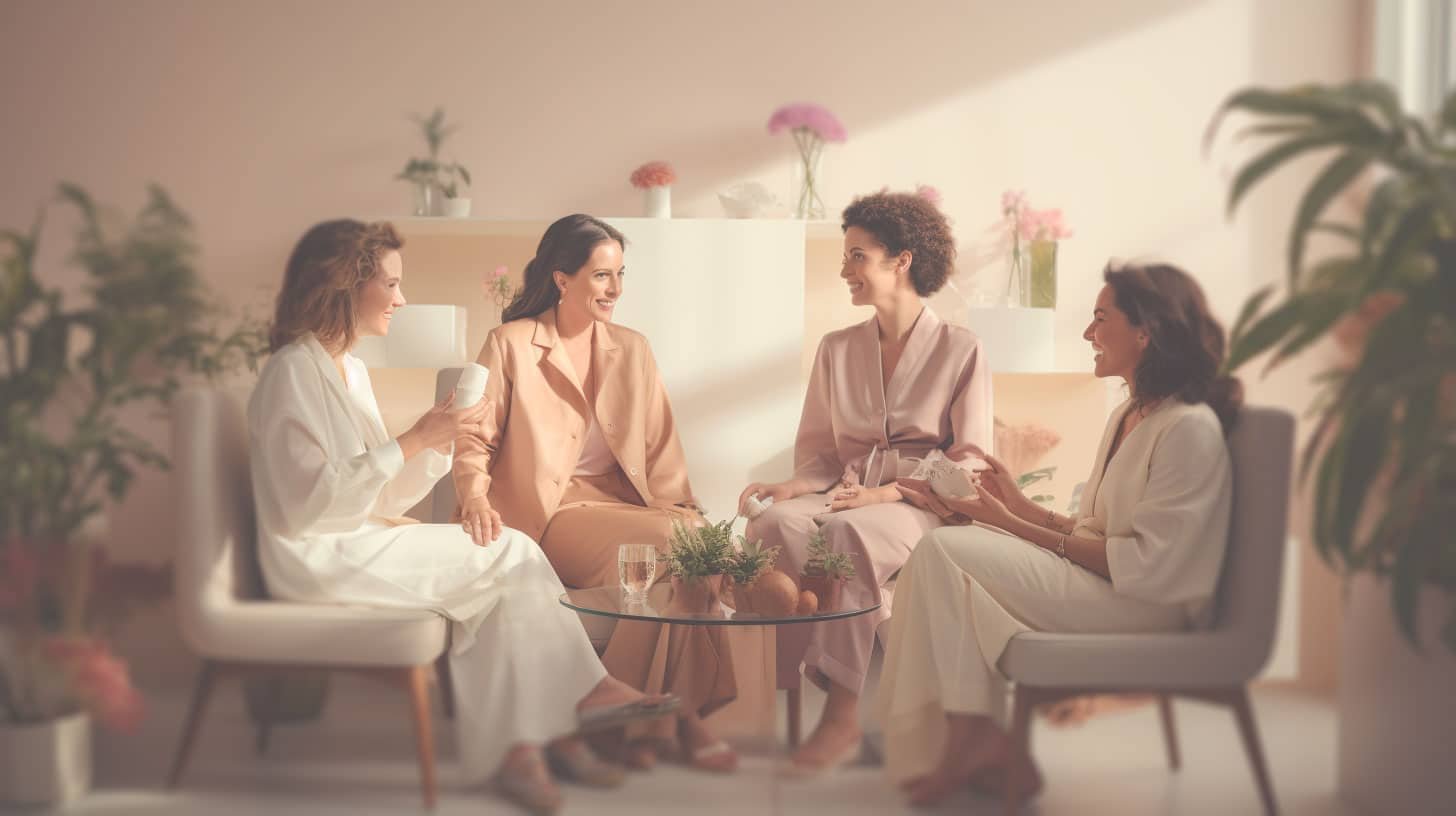 photographie réaliste de quatre femmes serènes et souriantes en train de discuter chaleureusement dans un salon moderne, confortable et bien éclairé