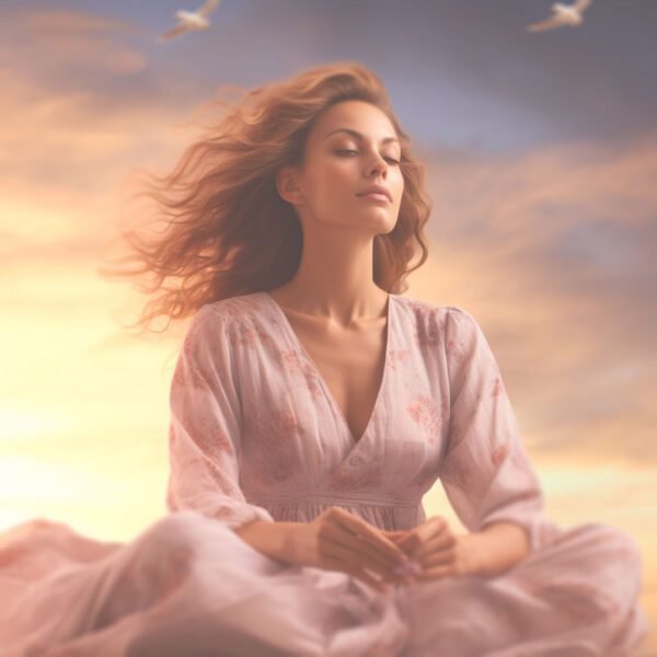 Photographie réaliste d'une femme brune apaisée assise sereinement en position de méditation dans la nature. Des colombes visibles dans le ciel prennent leur envol pour symboliser la prise de conscience de la femme. Lumière entièrement naturelle venant d'un ciel magnifique aux couleurs pastels